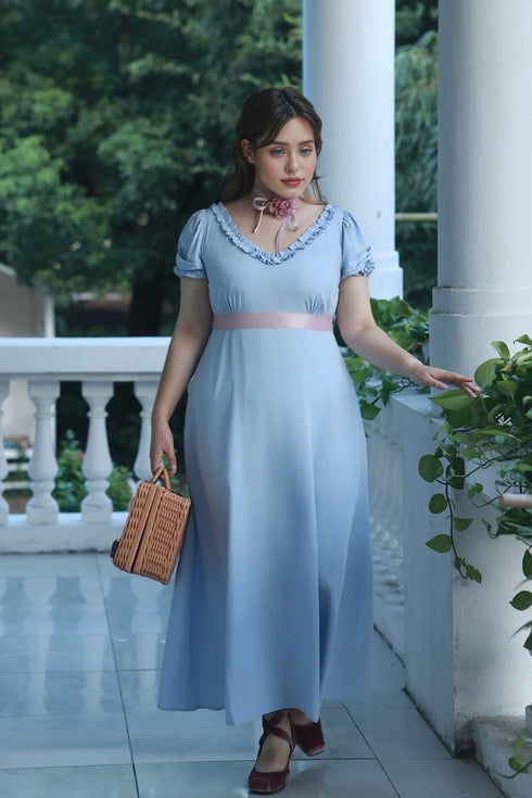 Light Blue Regency Era Dress with Pink Waist Ribbon and Puff Sleeves – Bridgerton Regency Era Dress Plus Size